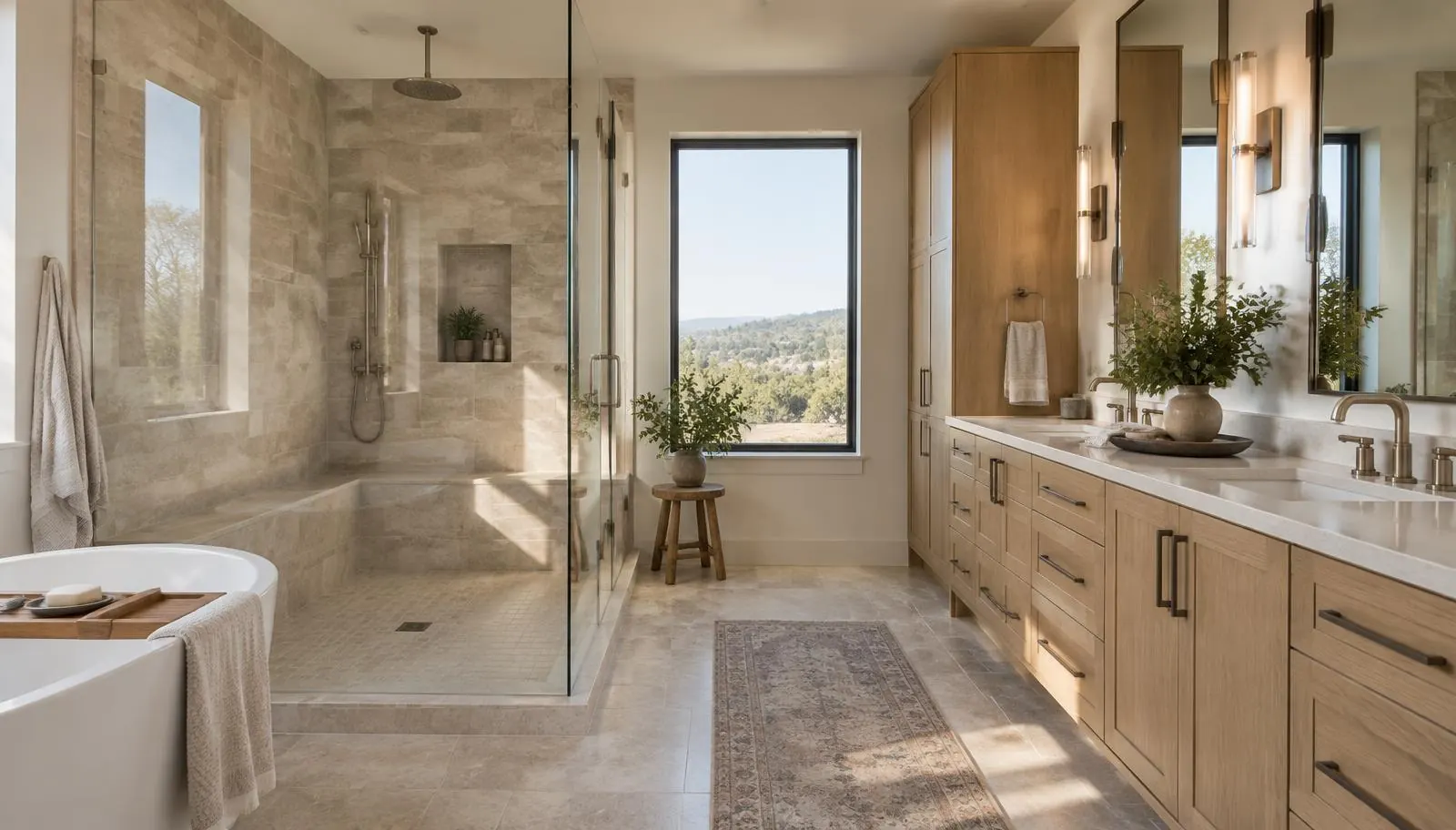 Finished bathroom remodel with walk-in tile shower in San Antonio