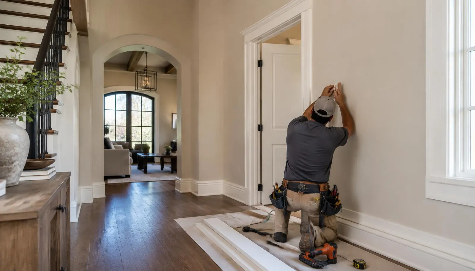 Finish carpenter installing trim in a San Antonio home