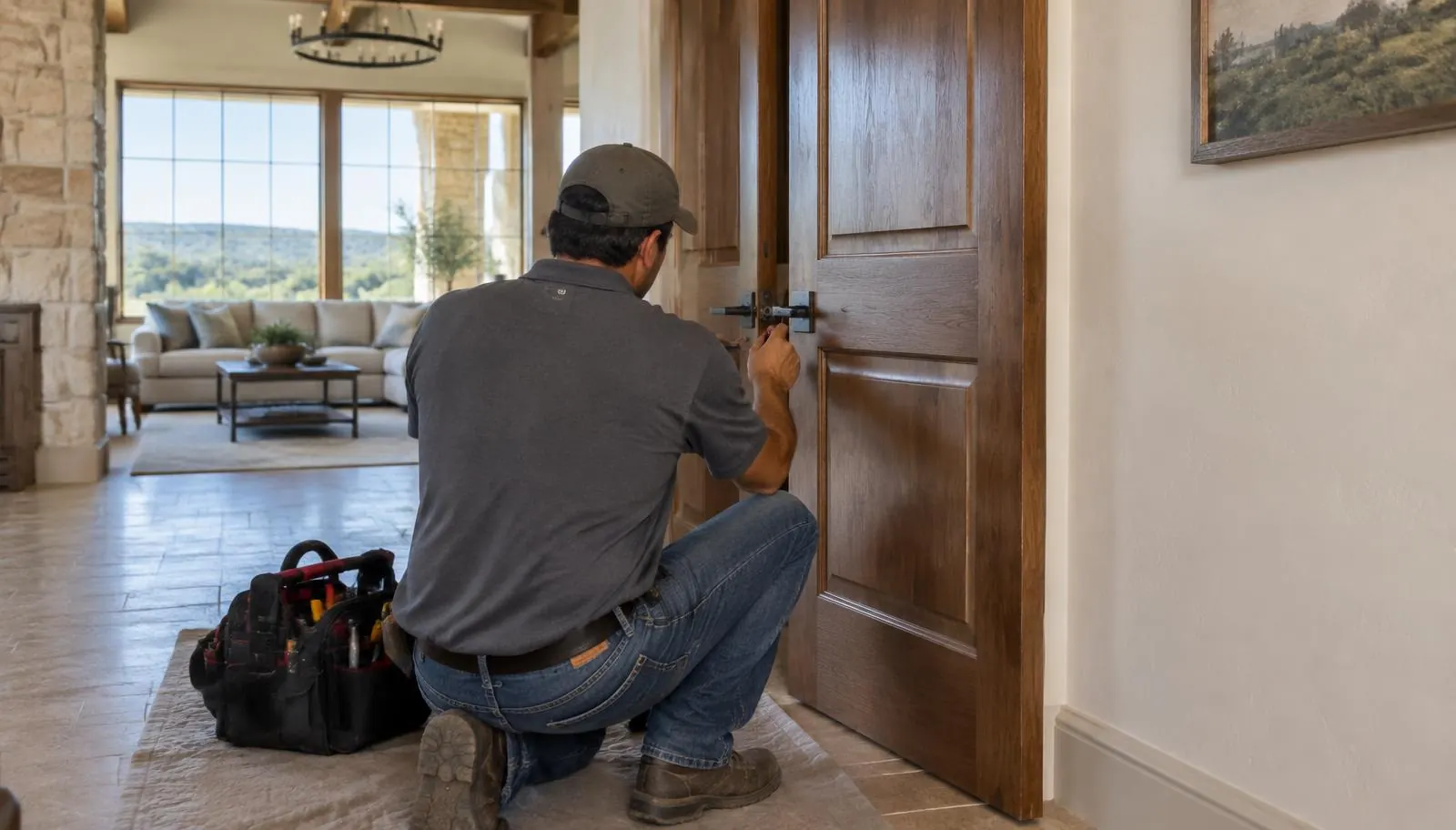 Handyman completing a door repair in a San Antonio home