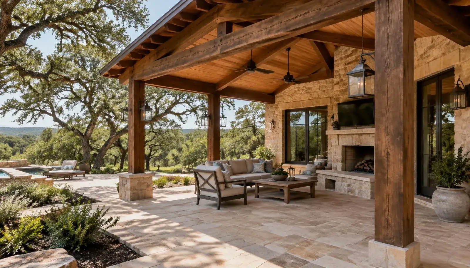 Wood patio cover over a stone patio in the San Antonio Hill Country